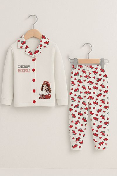 peki baby&kids Well Girl Child Interlock Cotton Heart Patterned Cherry Girl Printed Front Buttoned Pajamas Set 18933
