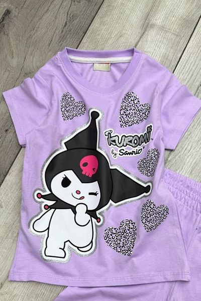 eQru Store Kuromi Printed Girl's Kuromi Masked T-Shirt and Shorts Lilac Set