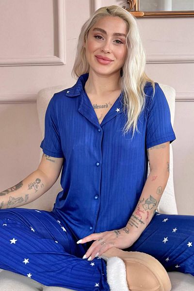 Pijamaevi Midnight Blue Nuit Stellaire Patterned Front Buttoned Marlenka Pajama Set
