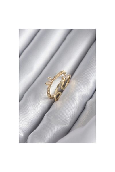 Marsilyan Brass Gold Color Zircon Stone Detail Butterfly Model Women's Ring - TJ-BYK2933