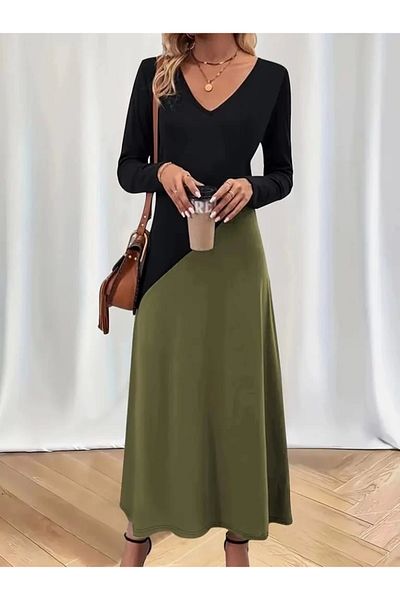 azra moda Φόρεμα με μοτίβο V-Neck Khaki