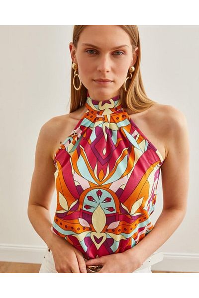 Cistern İstanbul Women's Patterned Collar Buttoned Colorful Blouse