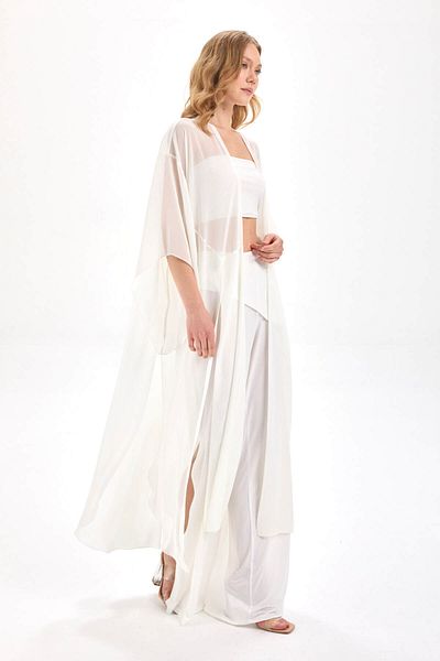 By Yaren Yazıcı Ecru Flounce Sleeve Detail Tied Design Slit Chiffon Kimono Kaftan Beach Clothing