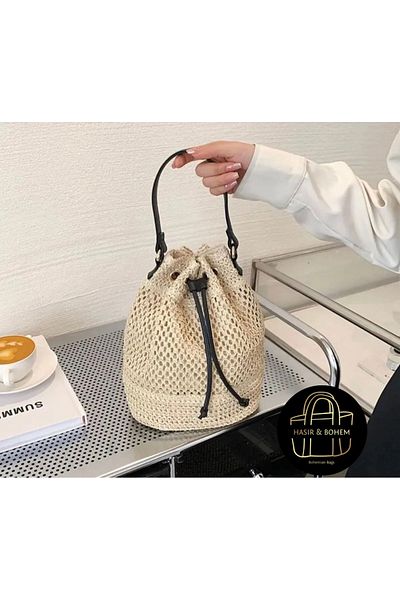 hasır bohem Wicker and Bohemian - Drawstring Straw Bag