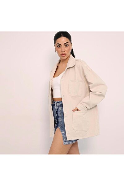 fatma keskin linna butik Kadın Oversize Gabardin Gömlek Ceket Renk Krem