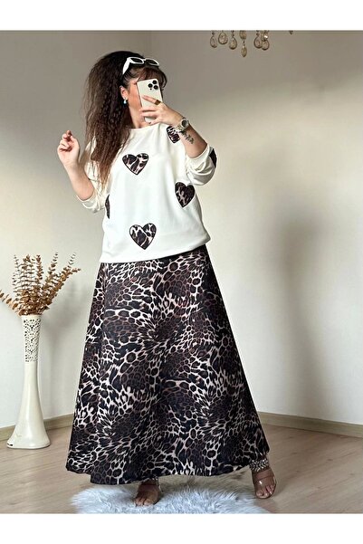 azra moda Спідниця та блуза з сердечками та леопардовим принтом