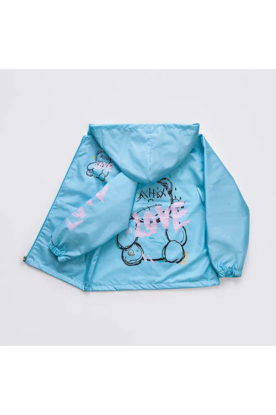 Merfer Waterproof Mint Cardigan with Bear Embroidery Windbreaker Raincoat Hood for 5-6-7-8 Years Old Children