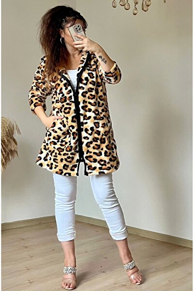 azra moda Hooded Leopard Plush Cardigan