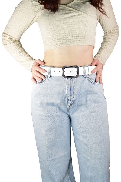 GoDeri 100% piele naturală, blugi albi cu cataramă argintie mat pentru femei, centură sport 4 cm=an-byn-07