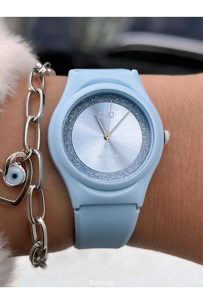 Q&Q Baby Blue Silicone, Suitable for Pool and Sea Use, Silvery Guaranteed (24 Months) Women's Wristwatch + Bracelet