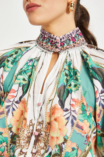 SERPİL Kadın Desenli Yaka ve Manşet Detaylı Bluz Gömlek– Uzun Kol, Büzgü Yaka, %100 Polyester