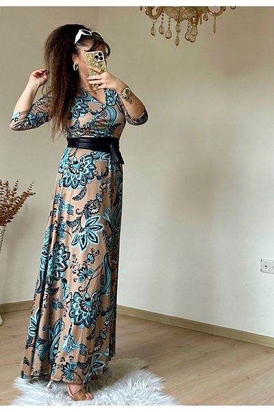 azra moda Full Length Turquoise Pattern Floral Dress