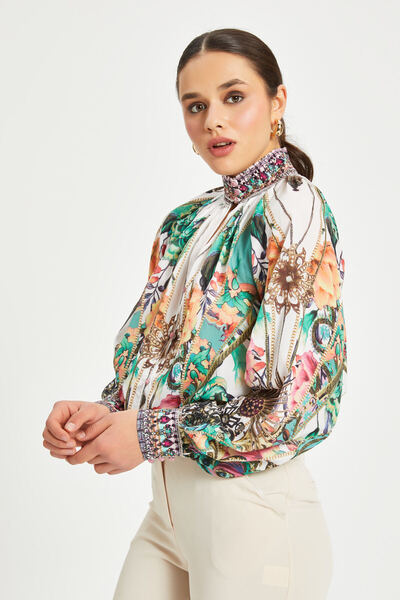 SERPİL Kadın Desenli Yaka ve Manşet Detaylı Bluz Gömlek– Uzun Kol, Büzgü Yaka, %100 Polyester