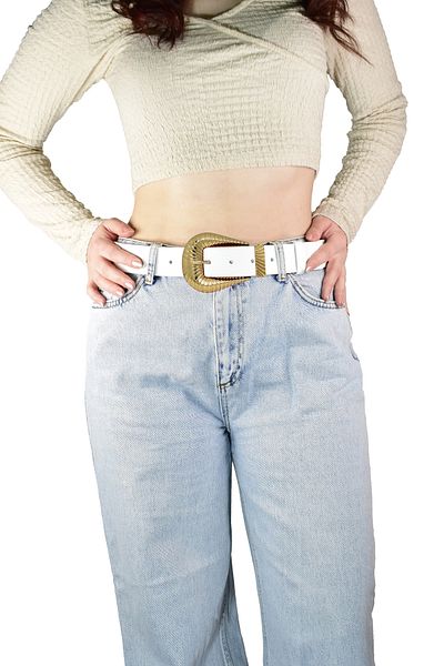 GoDeri 100% piele naturală, cataramă mare aurie, centură albă de blugi pentru femei cu punte metalică 4 cm=an-byn-65