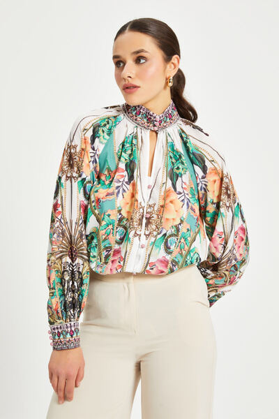 SERPİL Kadın Desenli Yaka ve Manşet Detaylı Bluz Gömlek– Uzun Kol, Büzgü Yaka, %100 Polyester