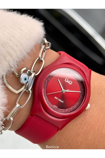 Q&Q Red Silicone Cord, Suitable for Pool and Sea Use, Silvery Guaranteed (24 Months) Women's Wristwatch + Bracelet