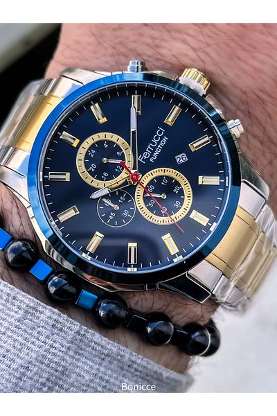Ferrucci Silver Yellow Steel Cord, Navy Blue Dial, Functions Active, Men's Wristwatch+Bracelet with Calendar