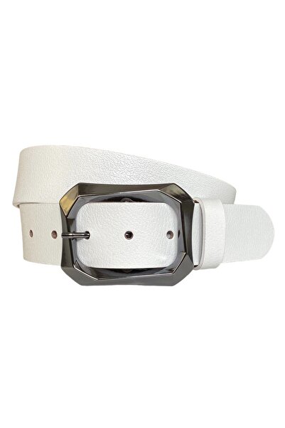 GoDeri %100 Hakiki Deri, Mat Gümüş Tokalı Beyaz Kadın Kot, Spor Kemer 4 Cm=an-byn-07