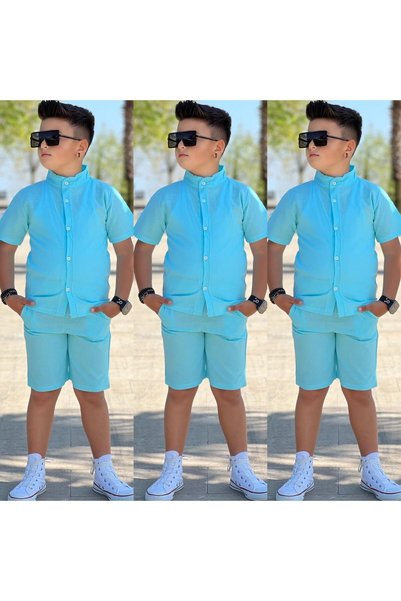 Burçak Butik Boys' Summer Linen Fabric Pocket Shorts and Judge Lapel Button Shirt Bottom Top Eid Suit