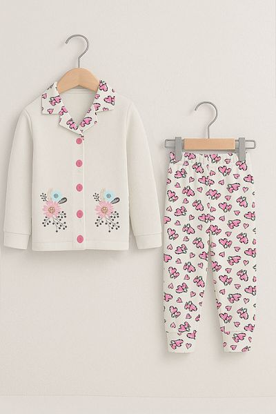 peki baby&kids Well Girl Child Interlock Cotton Heart Patterned Mat Flower Printed Front Buttoned Pajamas Set 18934
