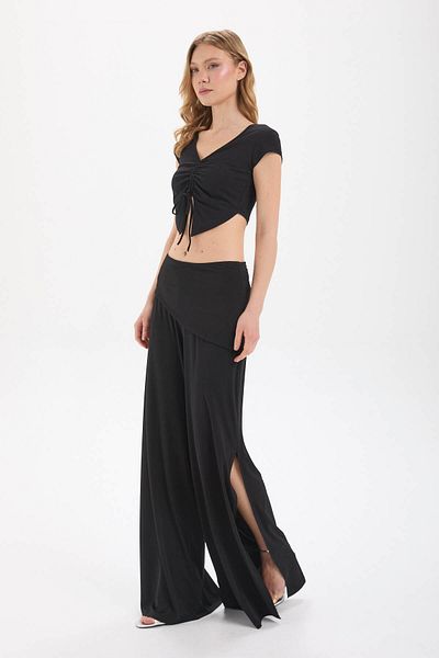 By Yaren Yazıcı Black Waist Asymmetrical Piece Detail Design Slit Wide Leg Trousers