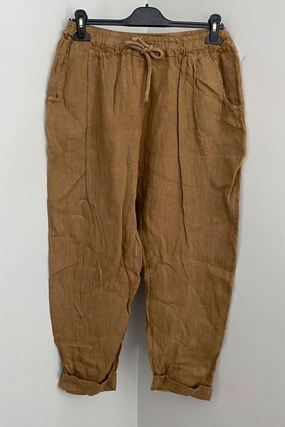 AYASOFYA OTANTIK Women's Italian Camel Elastic Waist Lacing Detailed 100% Linen Carrot Trousers