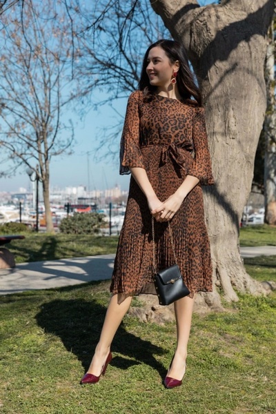 azra moda Φόρεμα σιφόν λεοπάρ καφέ