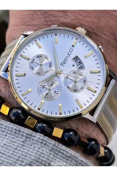 Ferrucci Yellow Silver Wicker Steel Cord, Simple Stylish Model Men's Wristwatch + Bracelet with Calendar