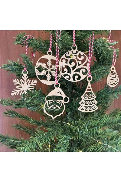 Tahtakale Toptancısı Buffer ®   6 Pieces Red White Drawstring Santa Claus and Snowflake Model Wooden Christmas Tree Ornament