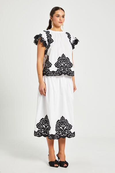 SERPİL Kadın Broderie Detaylı Pamuklu İkili Takım – Kısa Kollu Bluz ve Midi Etek, %100 Pamuk