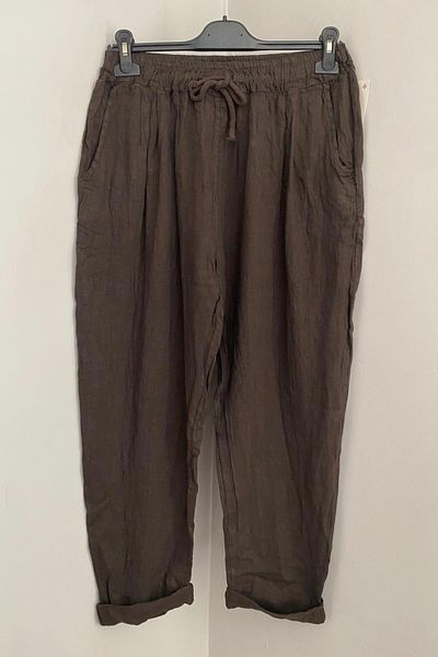 AYASOFYA OTANTIK Women's Italian Brown Elastic Waist Lacing Detailed 100% Linen Carrot Trousers