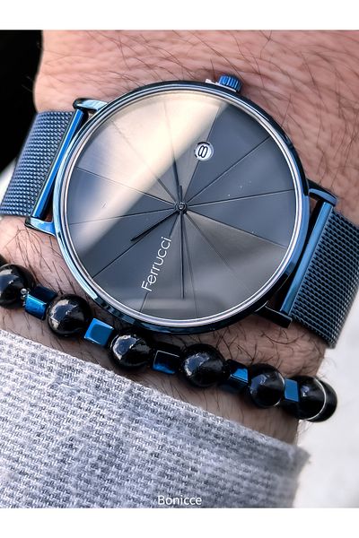 Ferrucci Dark Blue Steel Cord, Dark Blue Dial, Simple Stylish Model Men's Wristwatch+Bracelet with Calendar