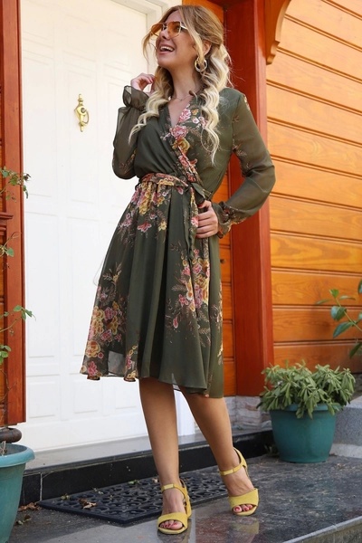 AZRA BUTİK Short Yellow Floral Chiffon Dress -Khaki
