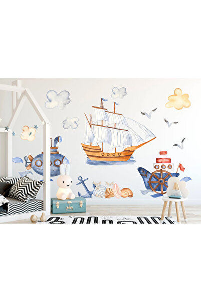 KT Decor Set de autocolante de perete pentru camera copiilor, nava pirat subacvatică, barca cu vele, submarin
