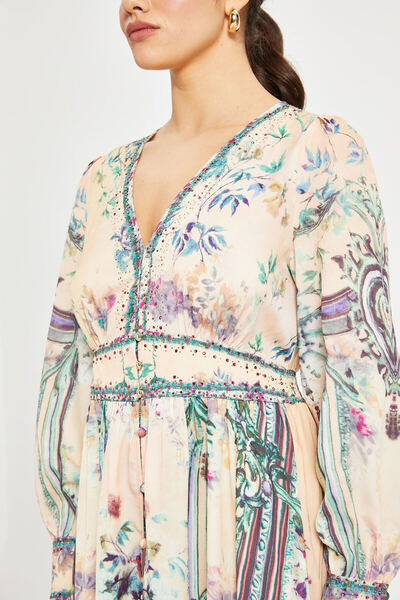 SERPİL Kadın Desenli V Yaka Elbise – Uzun Kollu, Kuşaklı, Astarlı