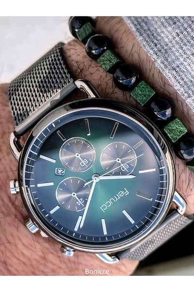 Ferrucci Smoked Wicker Steel Cord, Green Dial Military, Calendar Model Men's Wristwatch+Bracelet