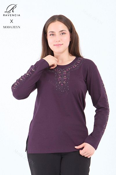Ravencia Women's Middle Age and Above Viscose Stripe Flower Pattern Stone Embroidered Lycra Plum Mother Combed Cotton Blouse