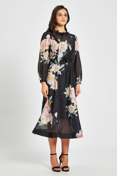 SERPİL Kadın Çiçek Desenli Aplikeli Elbise – Uzun Kol, Kemerli