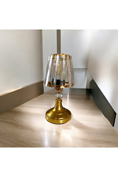 Balars Home Taşlı Abajur Kristal Gövdeli Gold Salon-Yatak Odası Abajur