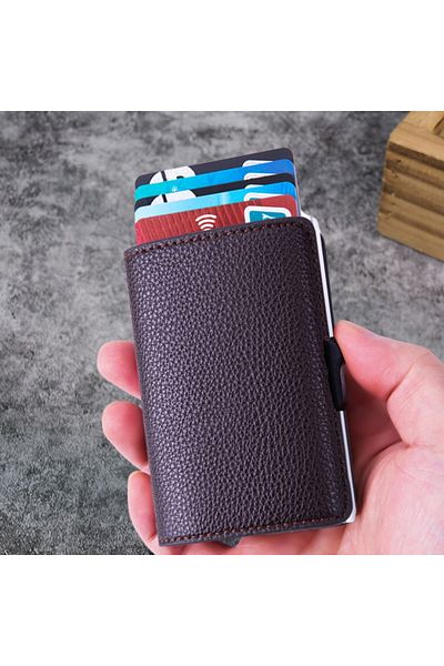 OEM Card Wallet, Brown, Slim, 5-6 cards, Eco Leather, Aluminium alloy slot with RFID
