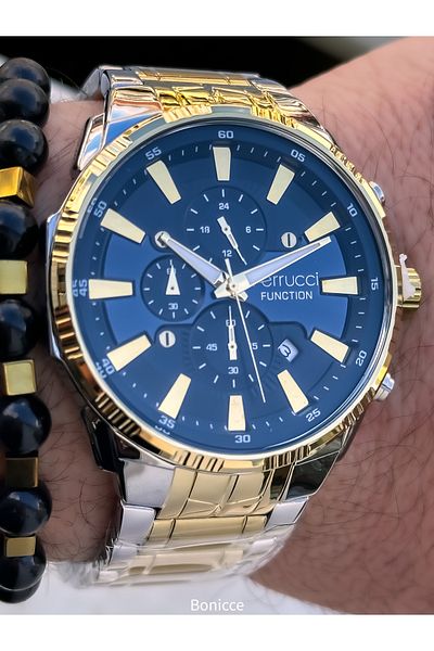 Ferrucci Silver Yellow Steel Cord, Navy Blue Dial, Functions Active, Men's Wristwatch+Bracelet with Calendar