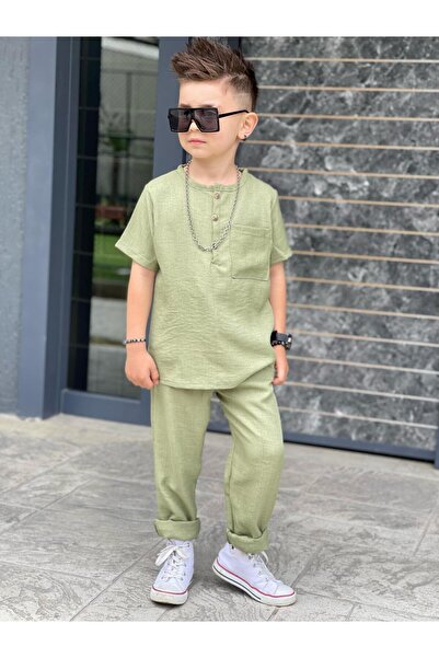 Burçak Butik Summer Short-Sleeved Linen Fabric Shirt-Pants Bottom Top Set (One Size up Can Be Chosen)