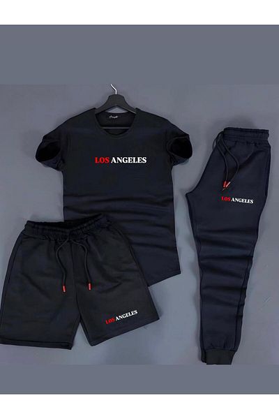 woonkey Unisex Black Oversized Los Angeles Printed T-Shirt Shorts Tracksuit 3 Pieces Set