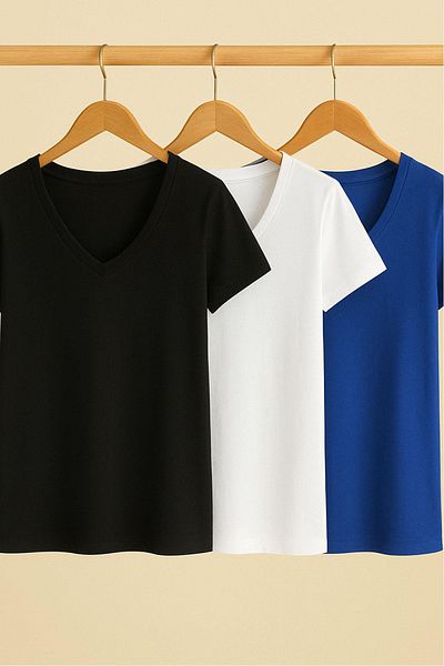 COTENCONCEPT Tricou cu mânecă scurtă din bumbac, cu decolteu în V, 3 buc