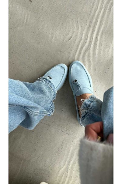 FUNDA AKIN Mi Luz Pia Hakiki Deri Süet Loafer Ayakkabı Mavi