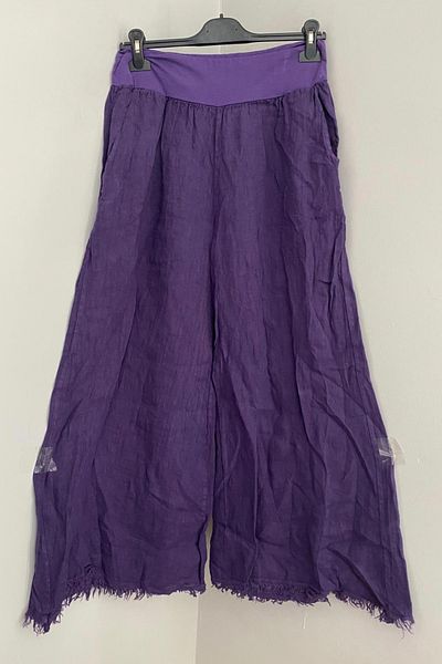 AYASOFYA OTANTIK Women's Italian Purple Stretchy Elastic Waist Pocket 100% Linen Tasseled Loose Wide Leg Pants
