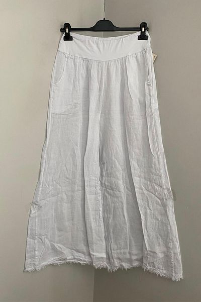AYASOFYA OTANTIK Women's Italian White Stretchy Elastic Waist Pocket 100% Linen Tasseled Loose Wide Leg Pants