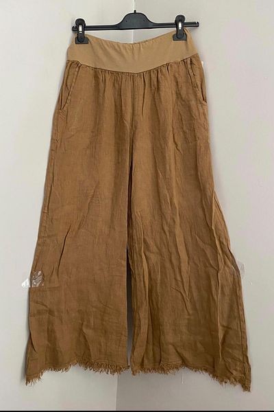 AYASOFYA OTANTIK Women's Italian Camel Flexible Elastic Waist Pocket 100% Linen Tasseled Loose Wide Leg Trousers