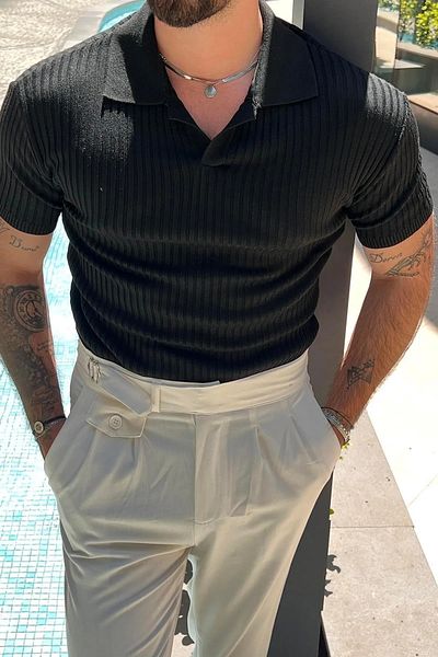 LC Waikiki Ανδρικό καλοκαιρινό πλεκτό μπλουζάκι με κοντό μανίκι με ριγέ γιακά