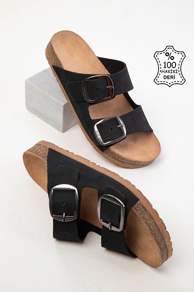 SOHO Black Genuine Leather Women's Slippers 20527